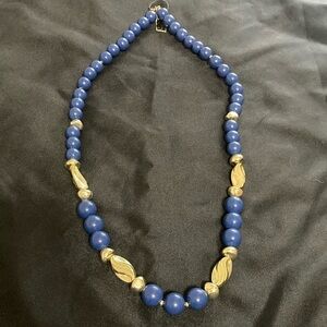 Blue and gold beaded Lucite necklace 26”